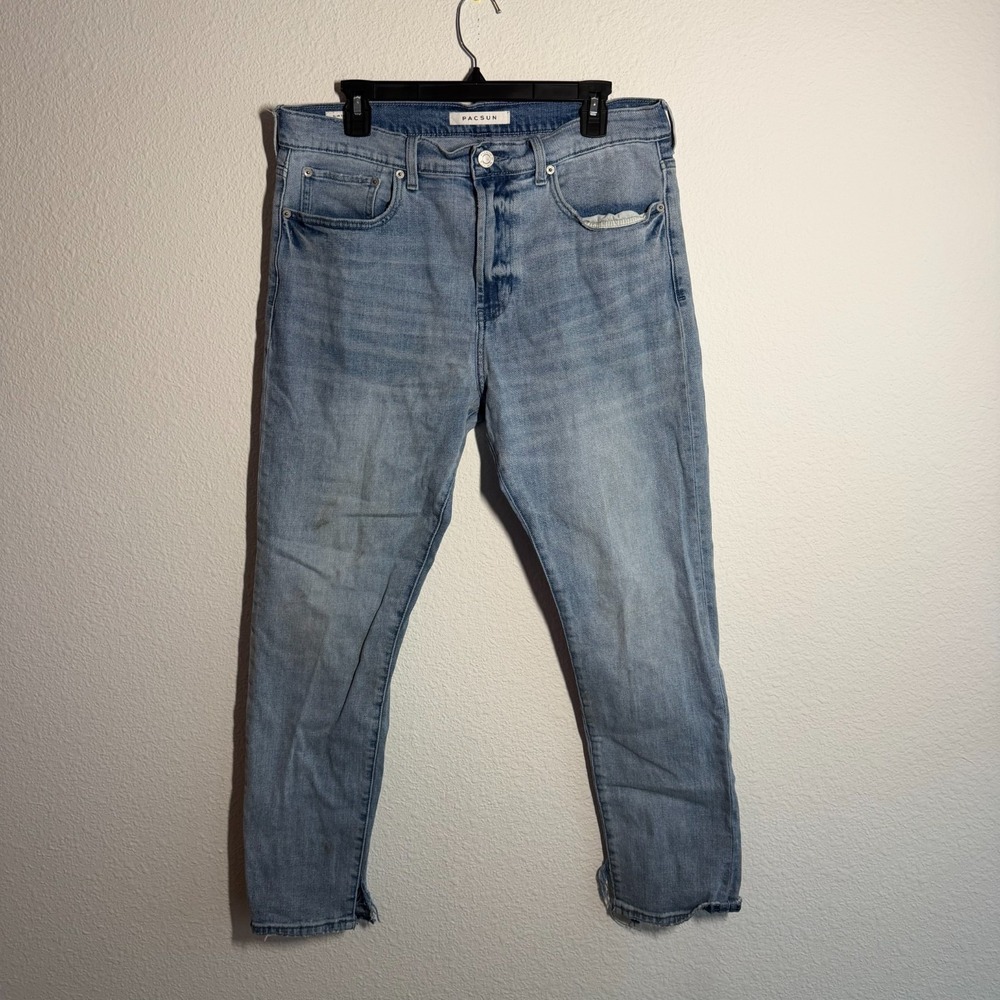 PacSun Slim Fit Jeans Mens 35 Blue Denim Stretch High Rise Taper Leg Ankle Slit